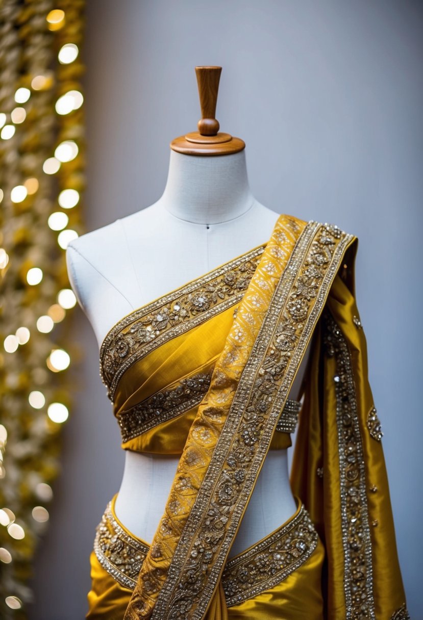 A golden bridal sari with intricate zari work draping over a mannequin, adorned with delicate embroidery and shimmering details