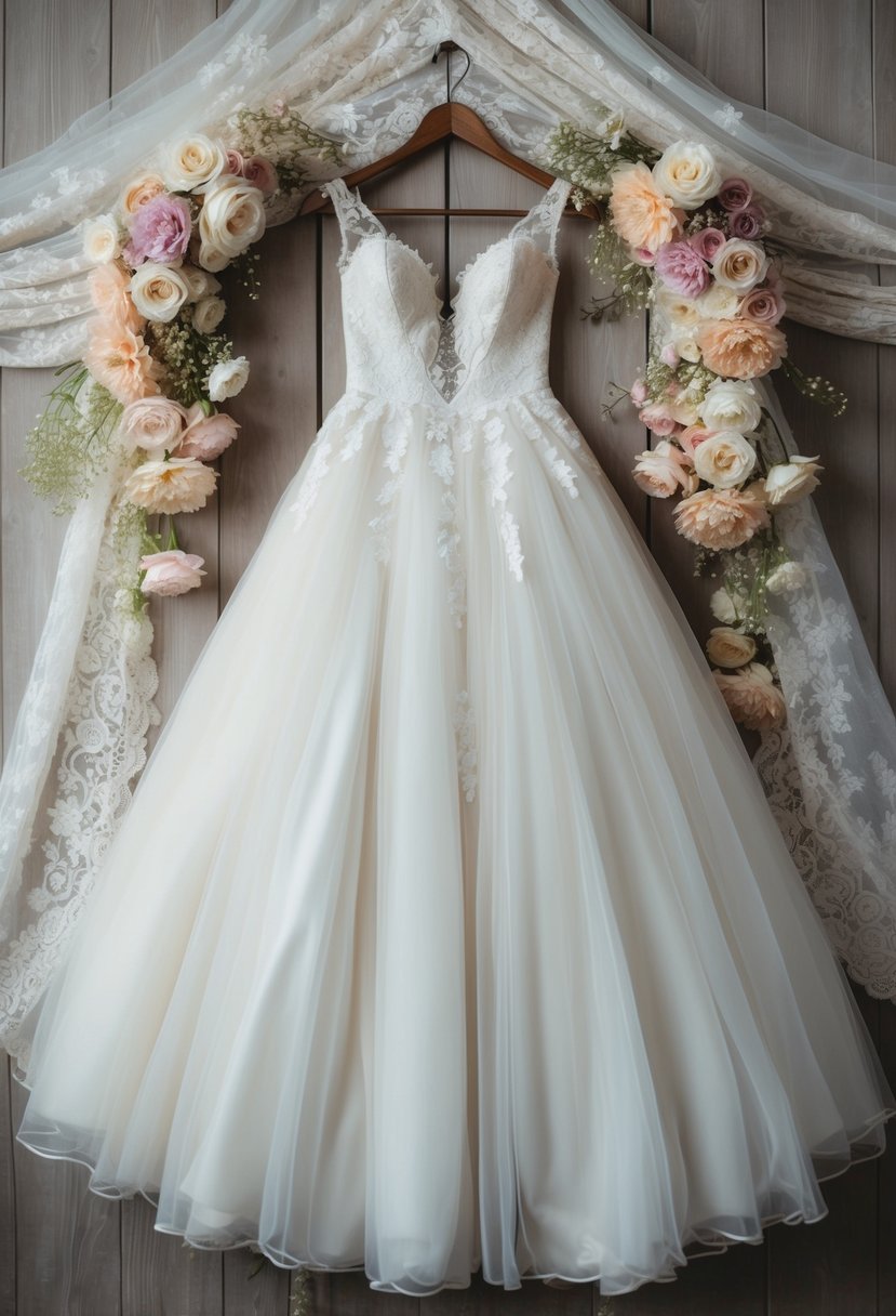 A flowing, lace-trimmed wedding gown hangs on a vintage wooden hanger, surrounded by soft, pastel-colored flowers and delicate lace fabric