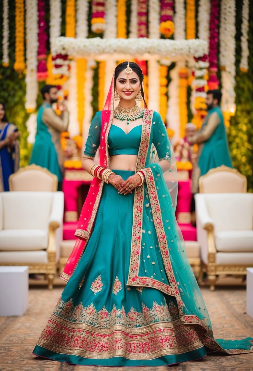 A bride in a contemporary asymmetrical lehenga at a Pakistani wedding, with vibrant colors and intricate embroidery, surrounded by traditional decor