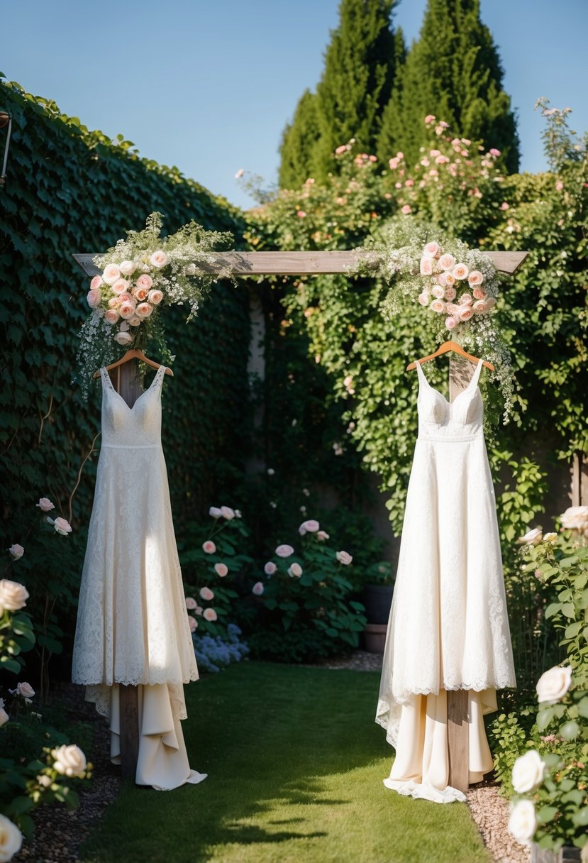 A sunlit garden with a rustic wooden arch adorned with vintage lace gowns, set against a backdrop of blooming roses and ivy-covered walls