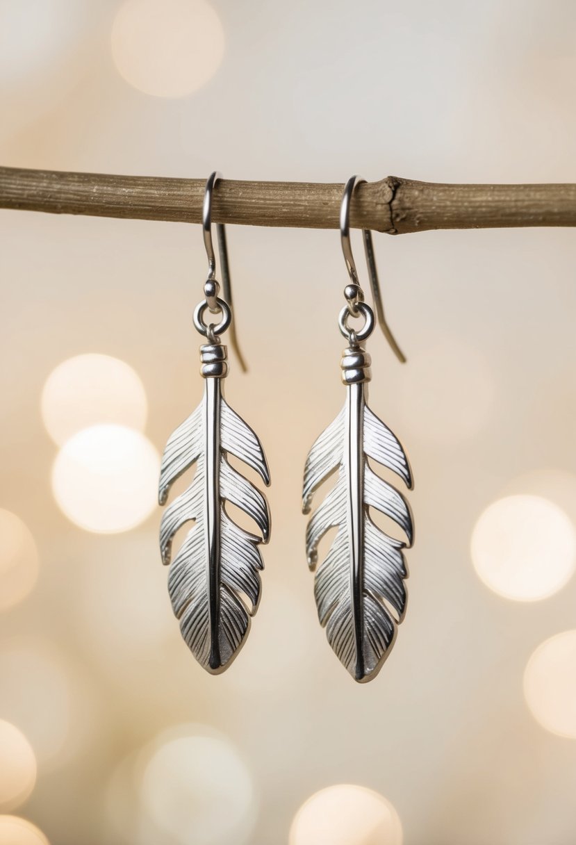 Two delicate silver feather drop earrings suspended in front of a soft, pale background