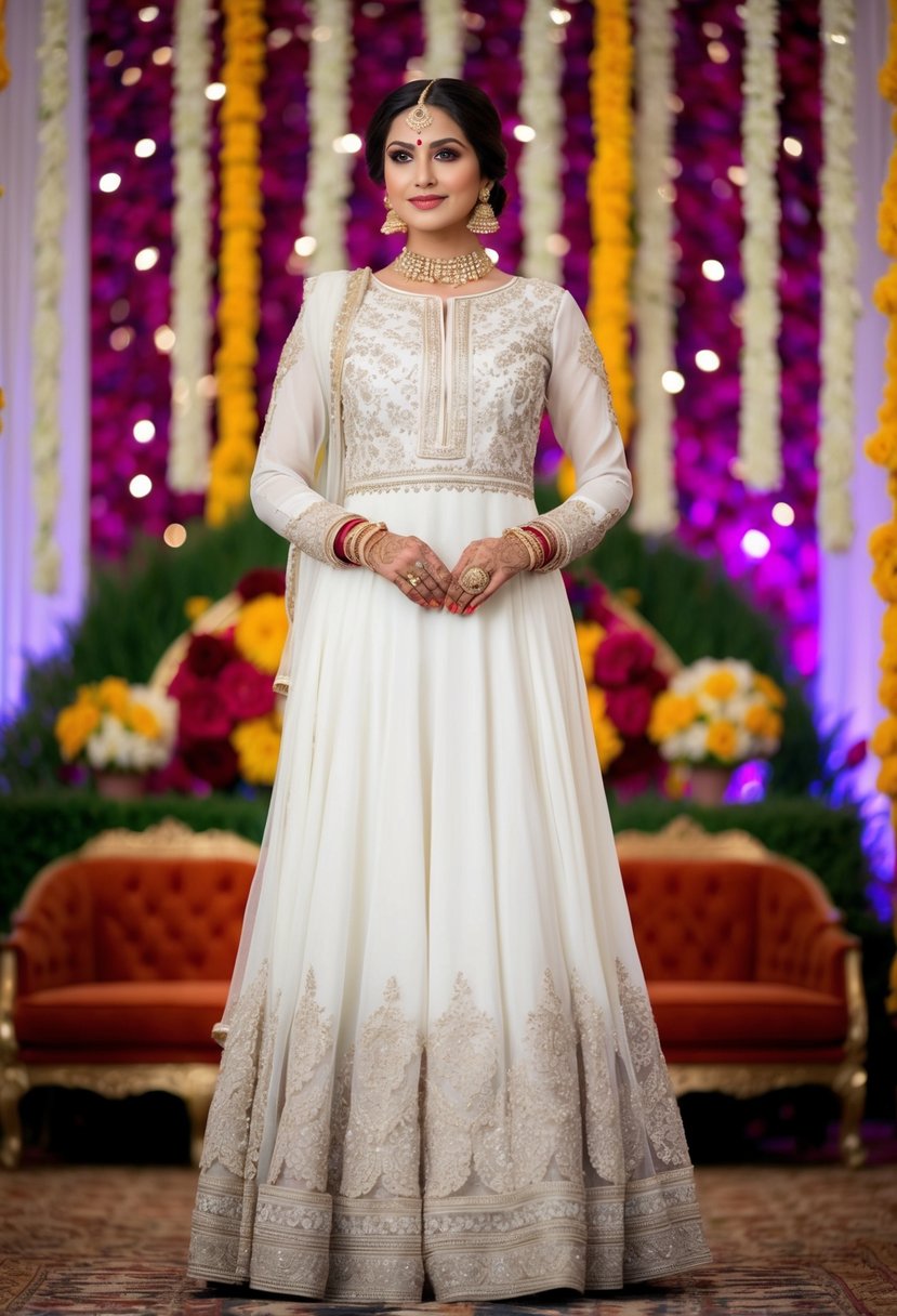 A classic white Anarkali dress adorned with intricate lace details, set against a backdrop of vibrant Pakistani wedding decor