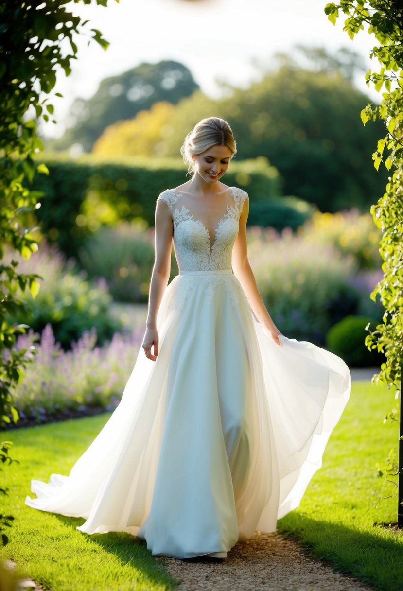 A bride in a flowy A-line wedding dress walks through a garden, the soft fabric billowing around her as she moves