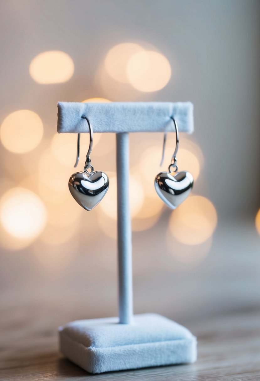 A pair of silver heart pendant earrings displayed on a white velvet jewelry stand, with soft lighting highlighting their simple and elegant design