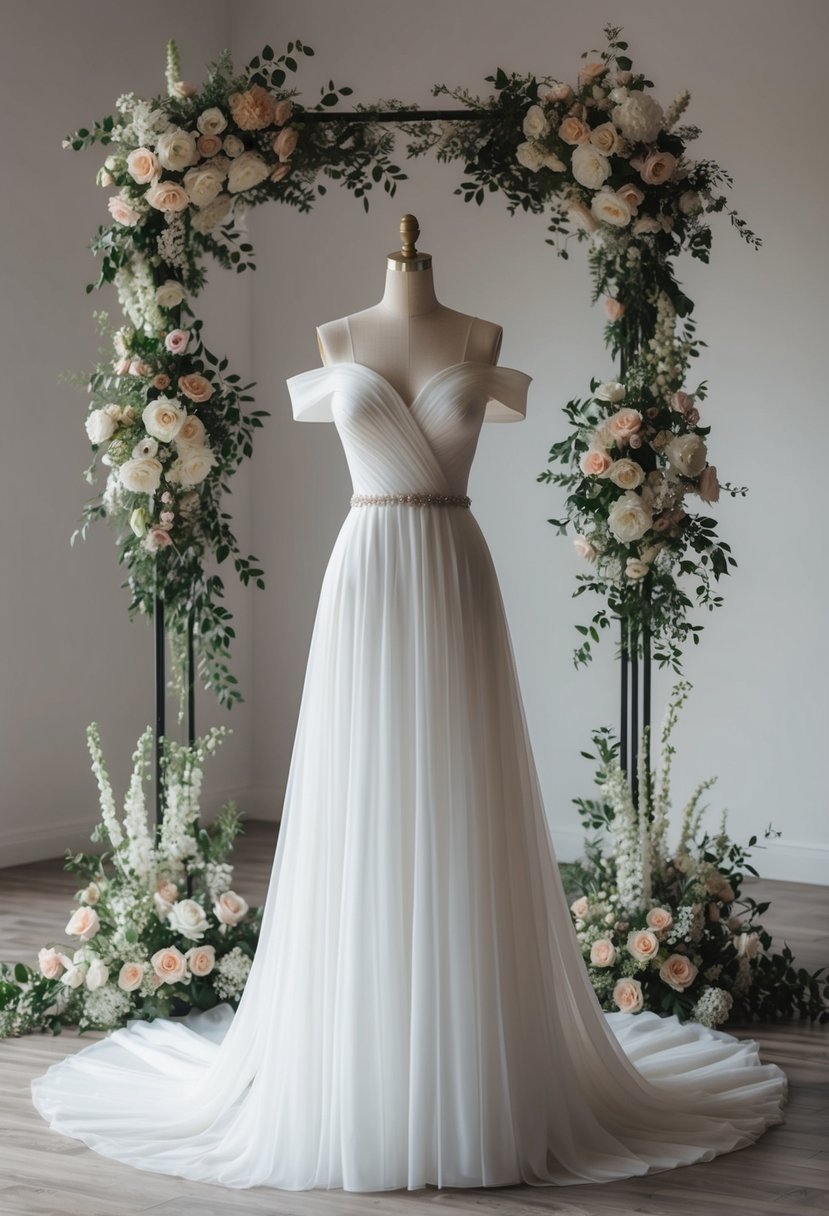 A flowing off-the-shoulder wedding dress on a mannequin, surrounded by floral arrangements and soft lighting