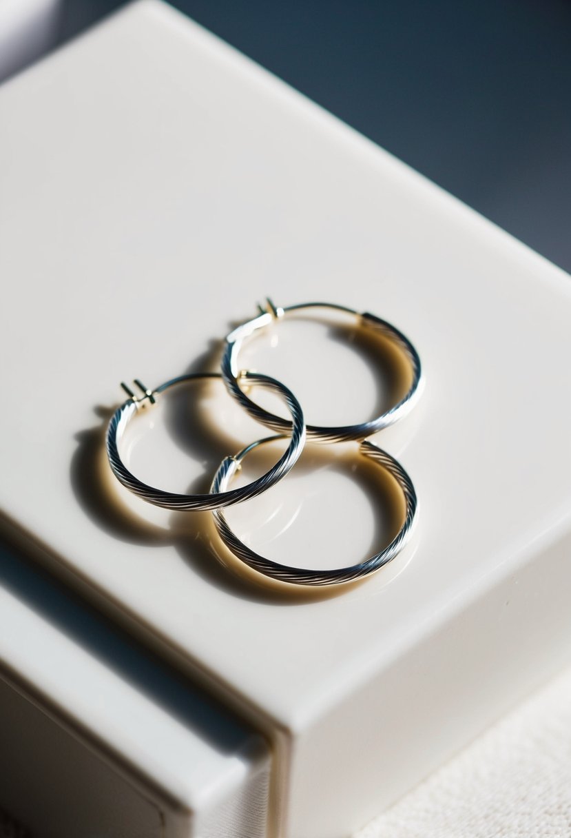 A pair of delicate handcrafted silver wire hoops on a clean, white surface, with soft natural light highlighting their simple elegance