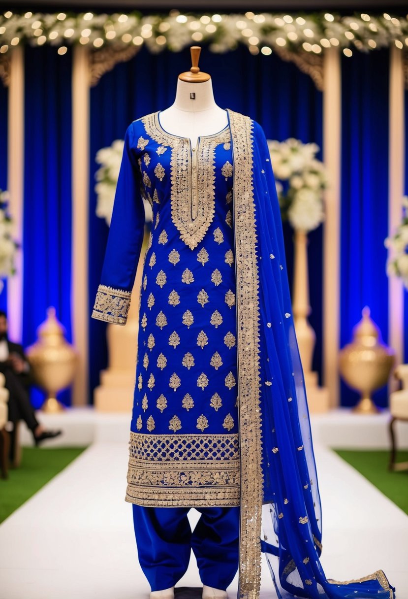 A royal blue salwar kameez ensemble with intricate gold embroidery displayed on a mannequin in a traditional Pakistani wedding setting