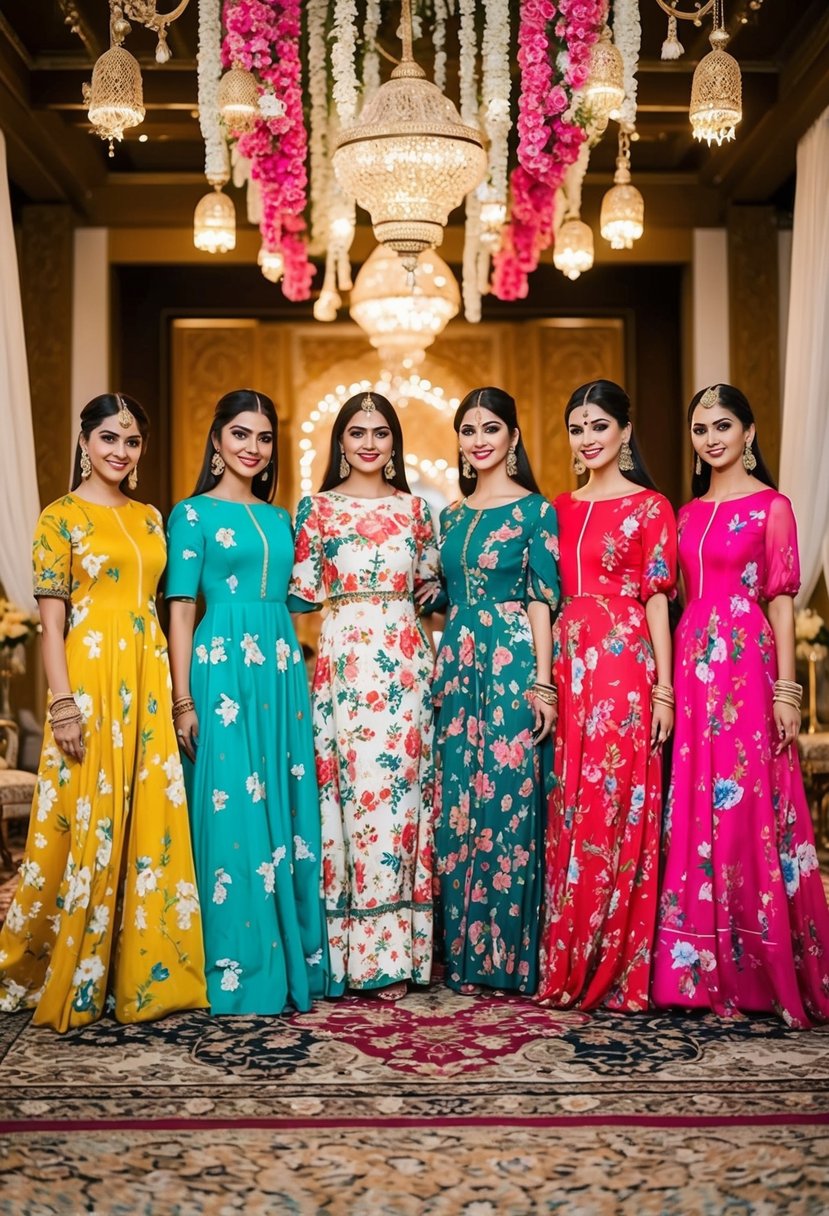 A group of floral print maxi dresses in vibrant colors, arranged in a traditional Pakistani wedding setting with intricate decor and ornate details