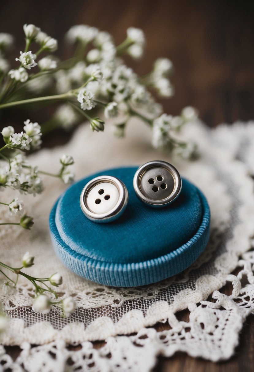 Two silver vintage button studs resting on a velvet cushion, surrounded by delicate lace and a sprig of baby's breath