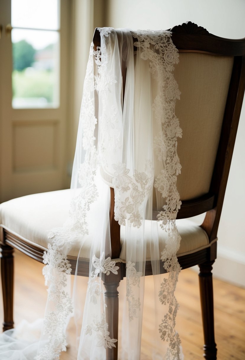 A delicate lace wedding dress draped over a vintage chair