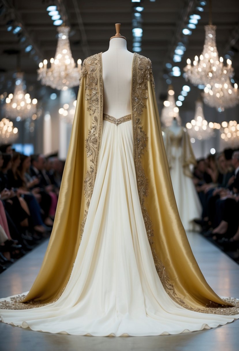 A flowing ivory and gold cape gown drapes elegantly over a mannequin, adorned with intricate embroidery and delicate beading