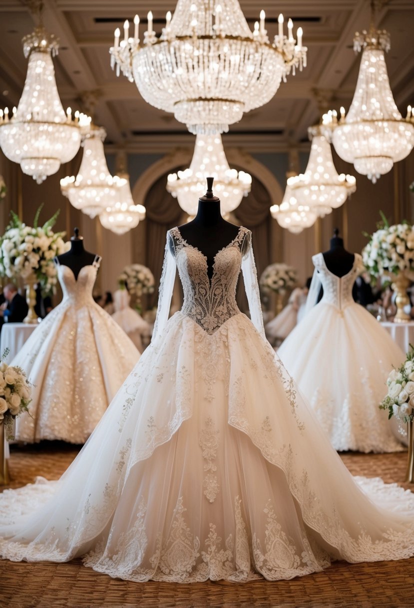 A grand ballroom filled with elaborate, fairytale-inspired wedding gowns, adorned with lace, tulle, and intricate beading, set against a backdrop of sparkling chandeliers and opulent floral arrangements