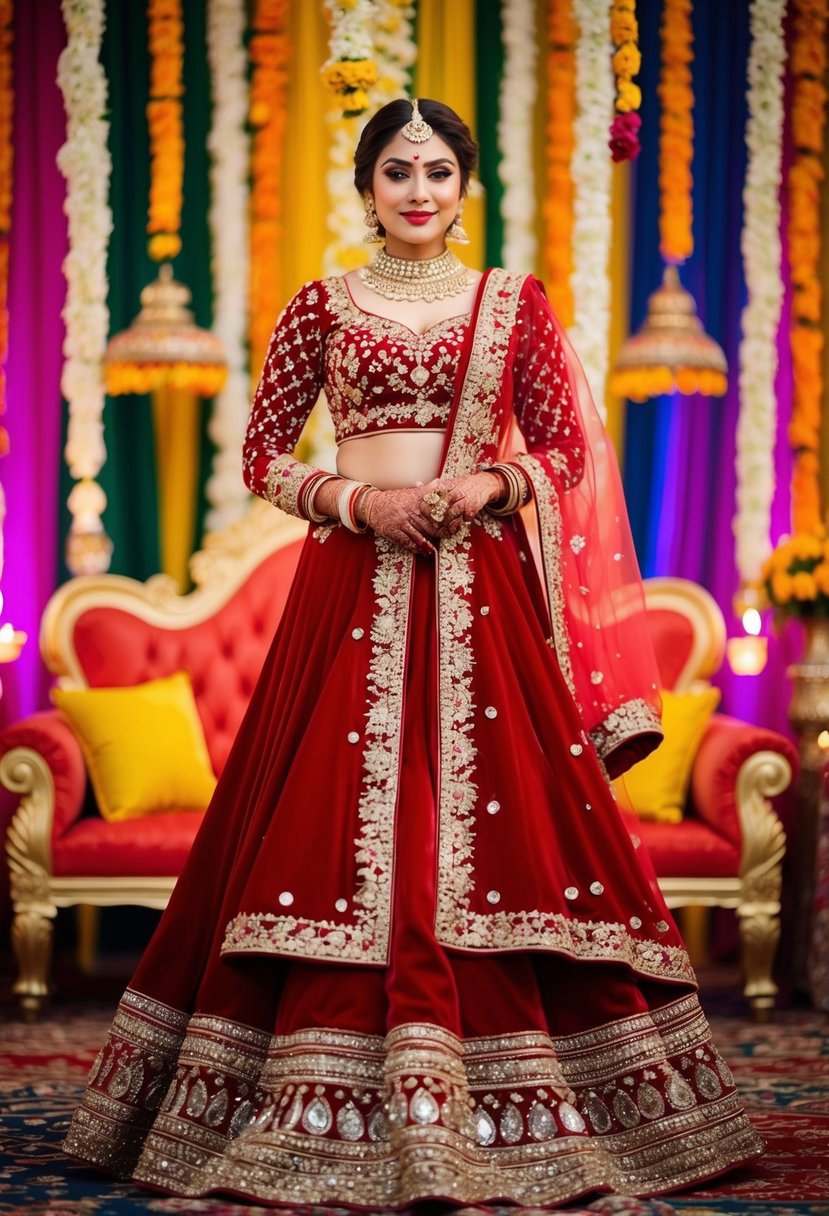 A rich red velvet lehenga adorned with intricate mirror work, set against a backdrop of vibrant colors and traditional Pakistani wedding decor