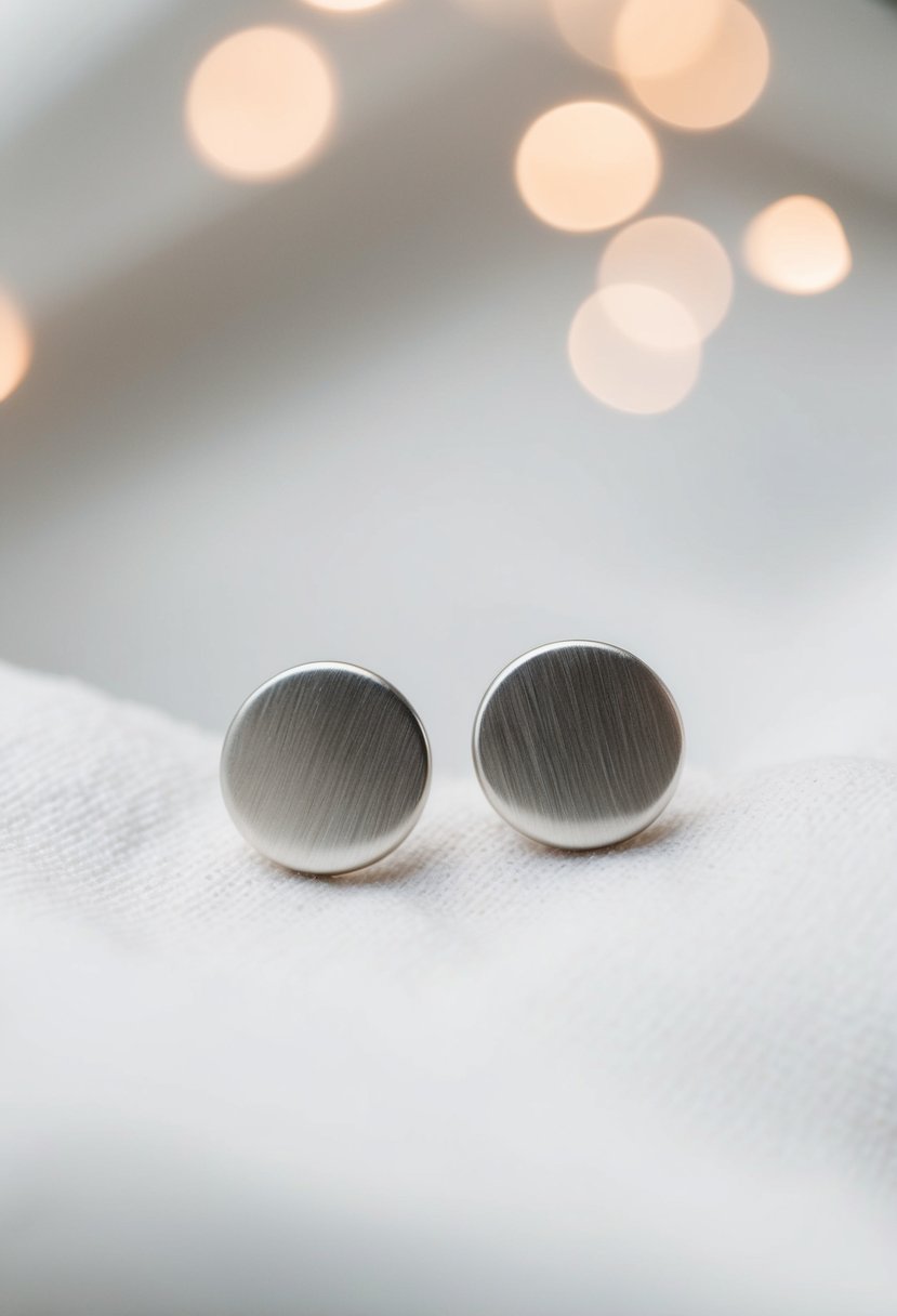 Two silver brushed circle studs resting on a soft, white fabric background