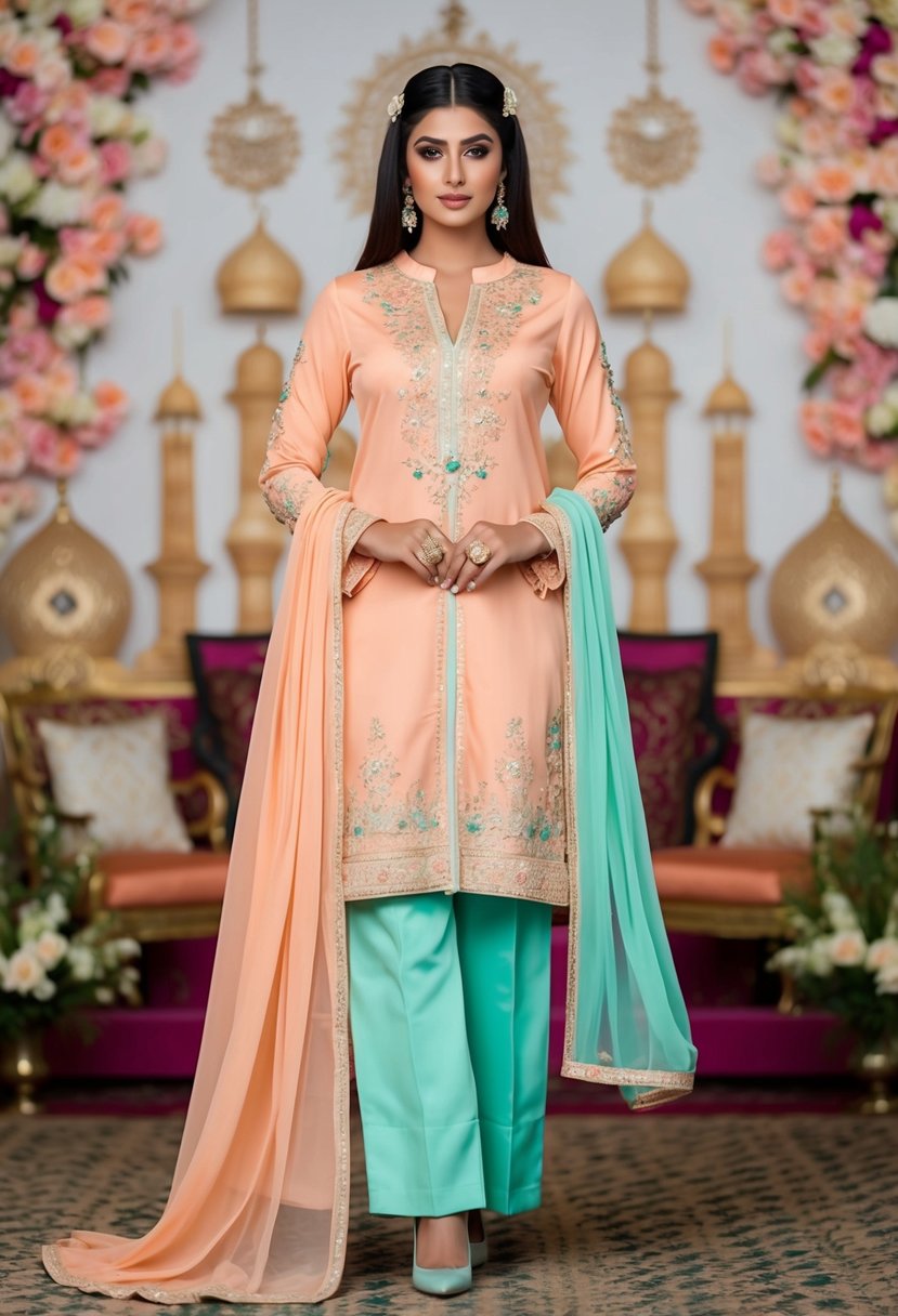 A flowing peach and mint long shirt with matching trousers, adorned with intricate embroidery and delicate embellishments, set against a backdrop of traditional Pakistani wedding motifs