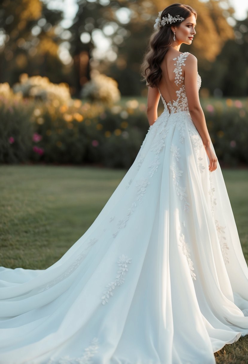 A flowing wedding gown adorned with delicate floral appliqués