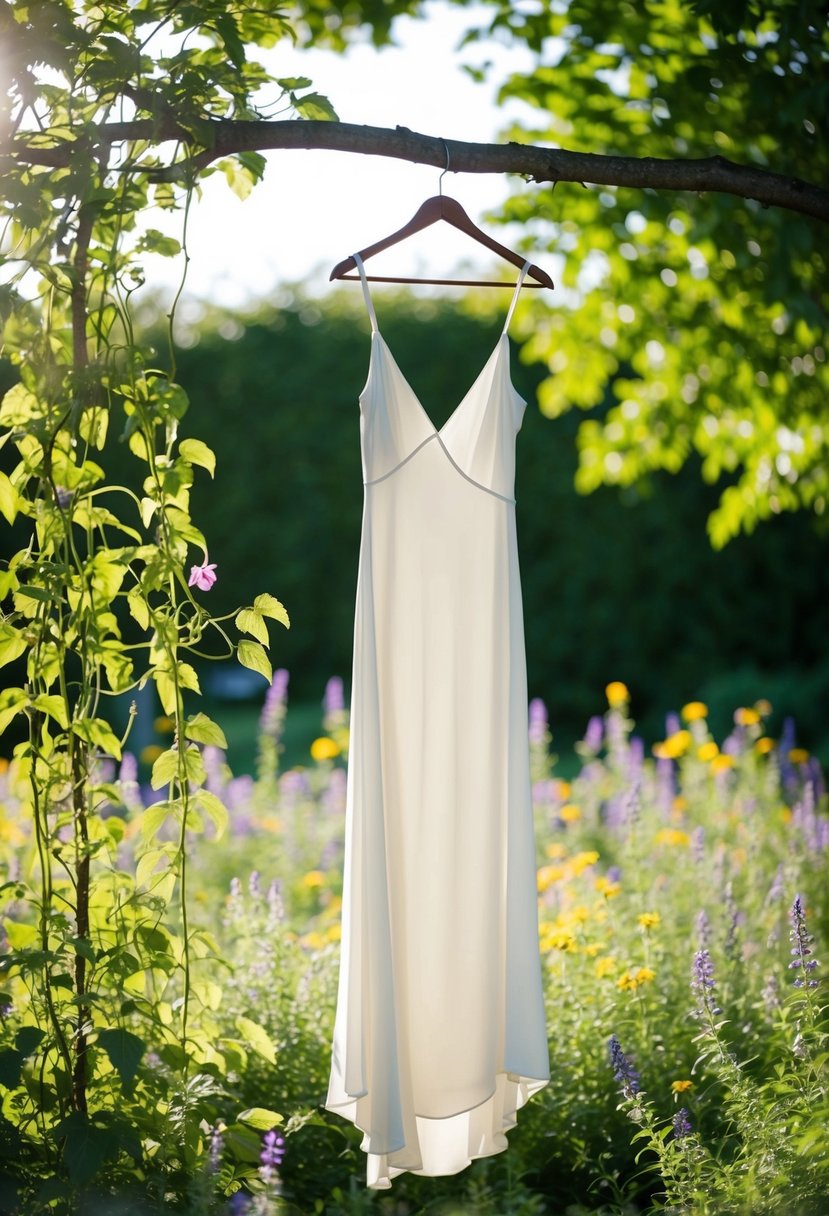 A sunlit garden with a flowing, white slip dress hanging from a tree branch. Wildflowers and vines surround the dress, creating a romantic atmosphere