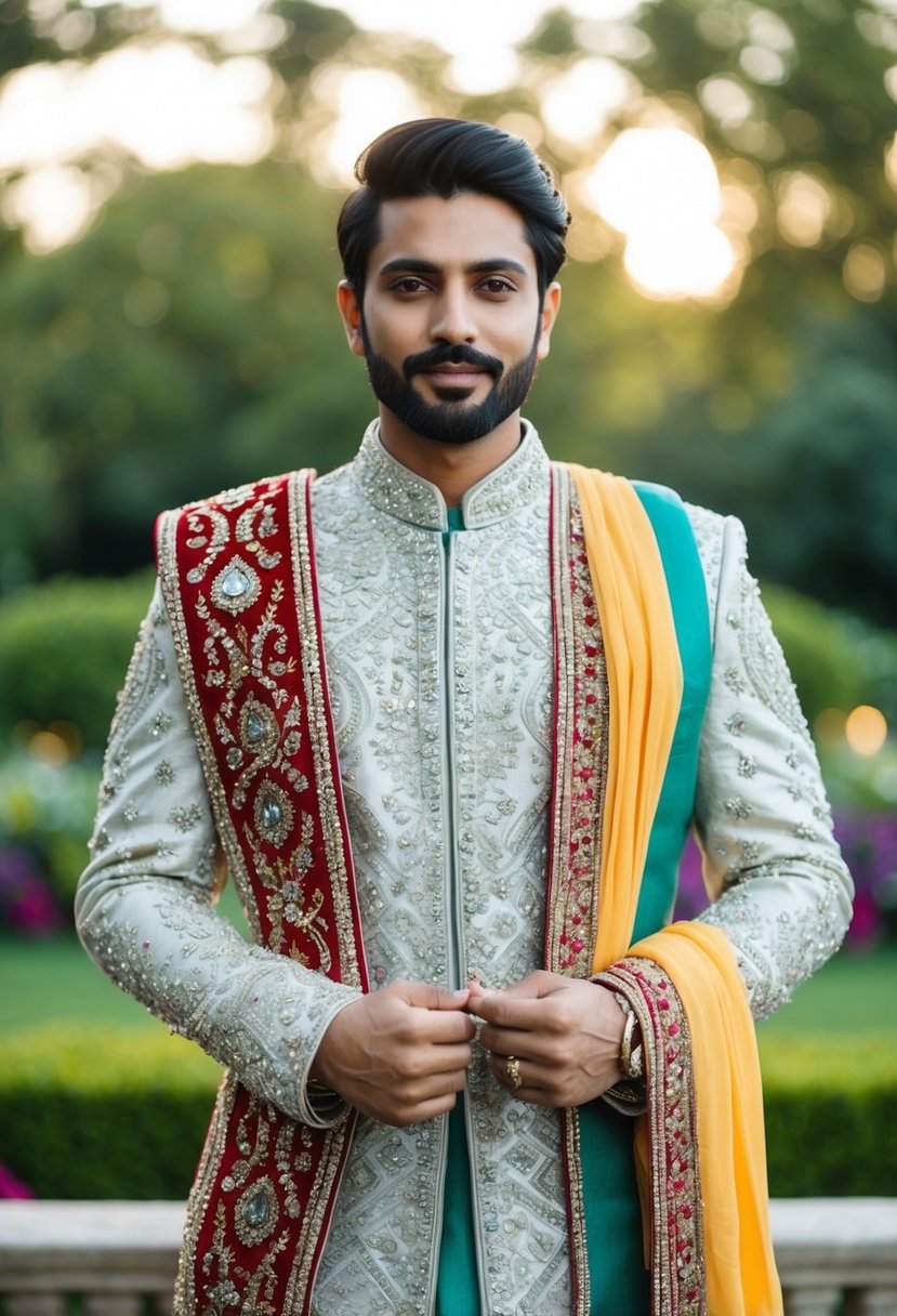 A silver embellished jacket draped over a vibrant Sherwani, adorned with intricate Pakistani wedding dress details