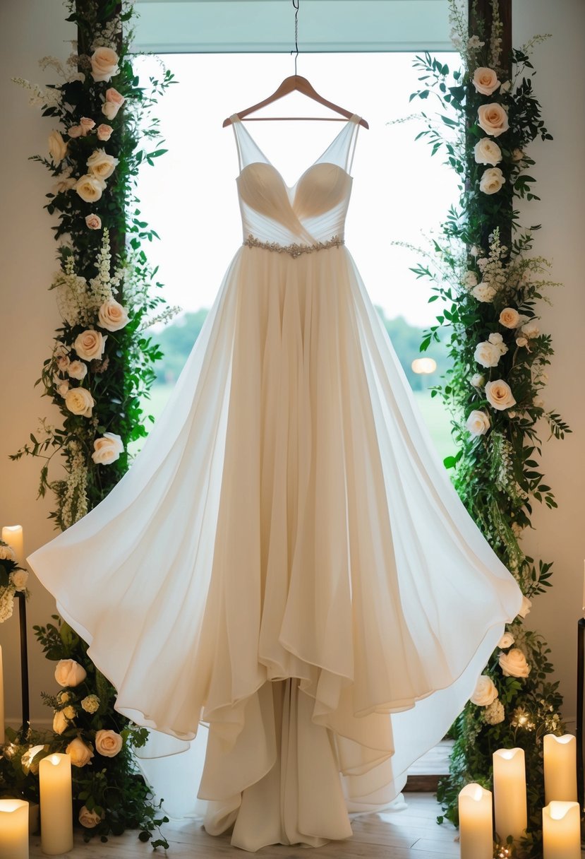 A flowing chiffon wedding dress billows in the gentle breeze, surrounded by delicate floral arrangements and soft candlelight