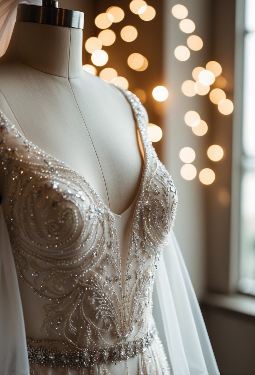 A beaded bodice glistens under soft lighting, with delicate lace and intricate details adorning the romantic wedding dress