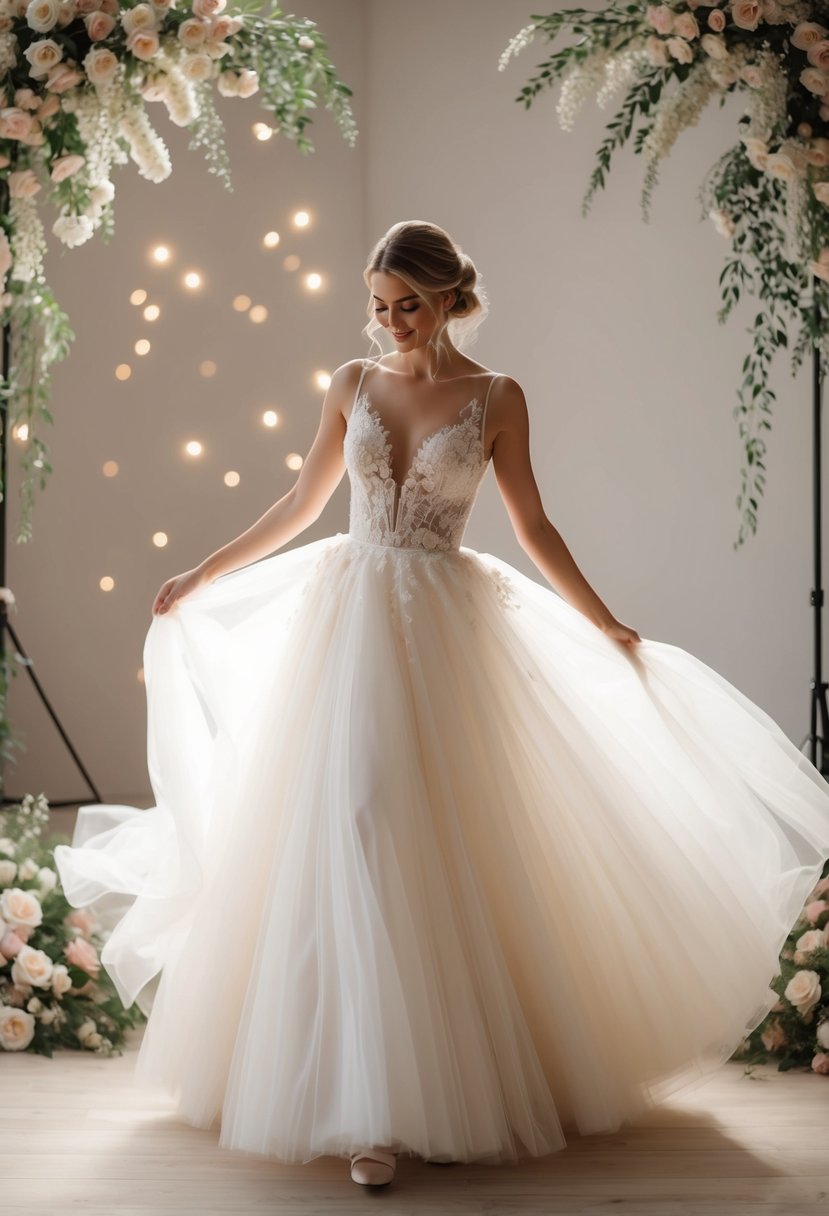 A bride twirls in a flowing tulle skirt, surrounded by soft, dreamy lighting and delicate floral accents