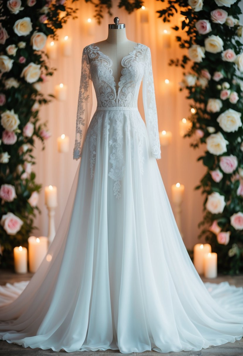 A flowing white wedding dress with intricate lace and long sleeves, set against a backdrop of blooming roses and soft candlelight