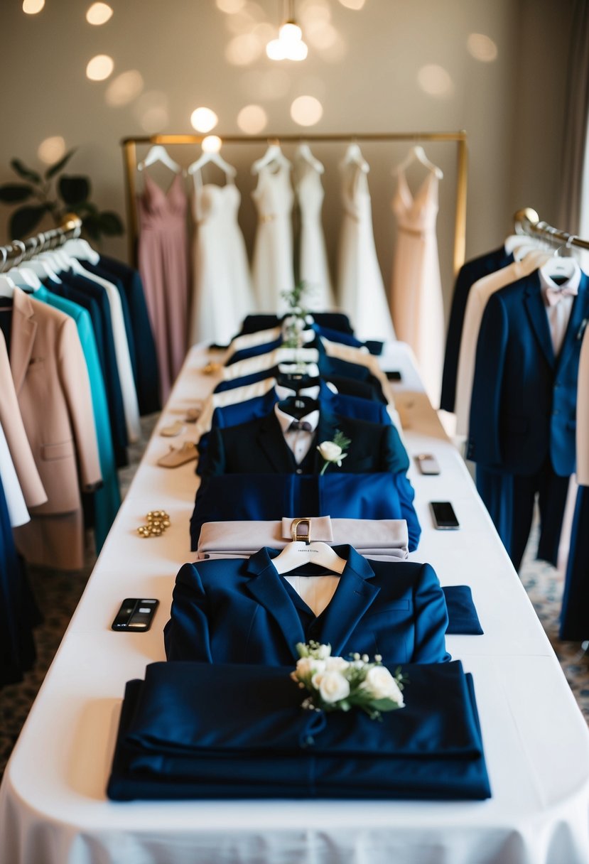 A table with various elegant clothing options for a wedding guest, including dresses, suits, and accessories, arranged neatly for selection