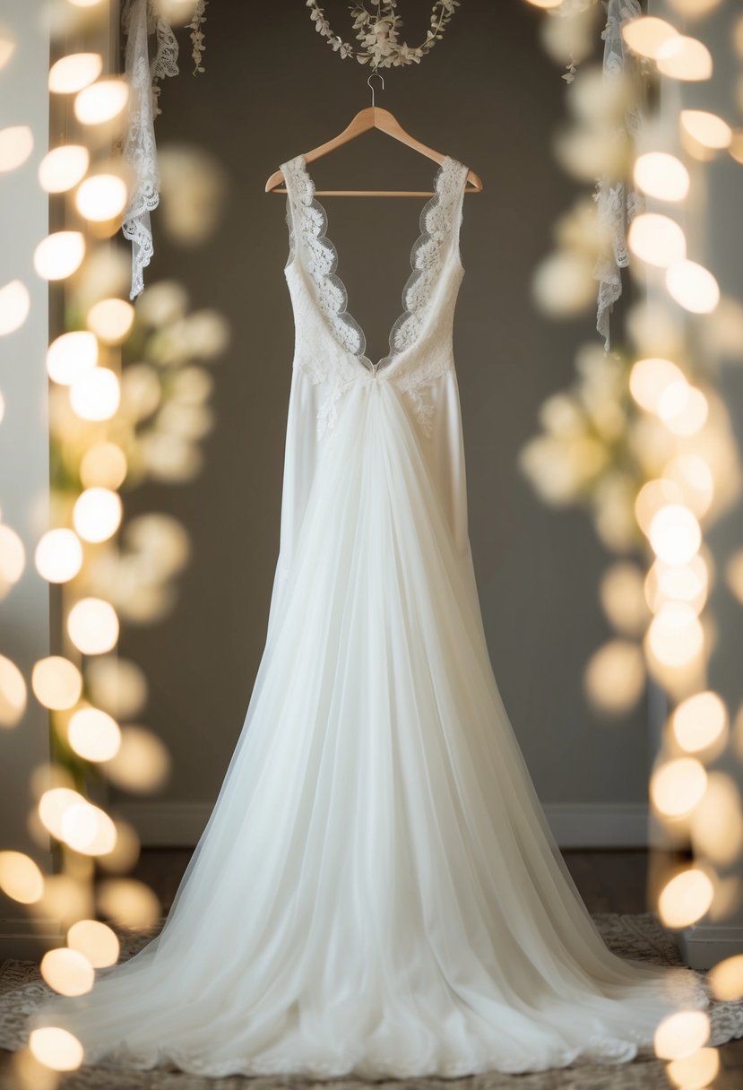 A flowing, backless wedding gown hangs on a hanger, surrounded by soft, romantic lighting and delicate lace details