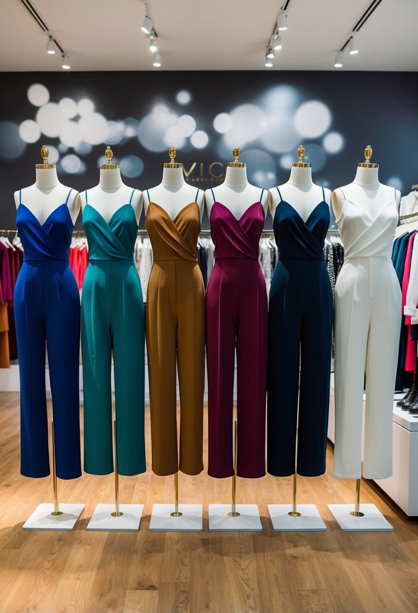 A group of chic jumpsuits in various colors and styles displayed on mannequins in a modern boutique setting