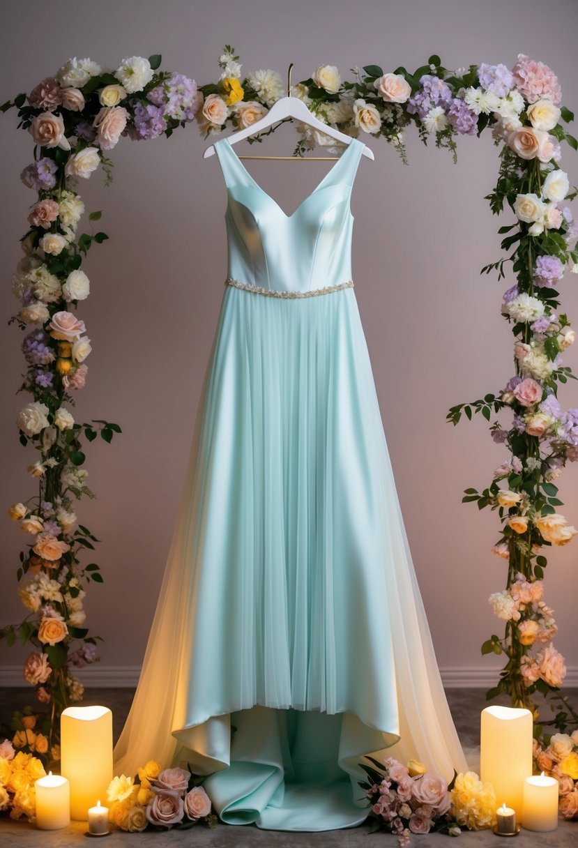 A soft pastel wedding dress draped over a delicate hanger, surrounded by blooming flowers and glowing candlelight