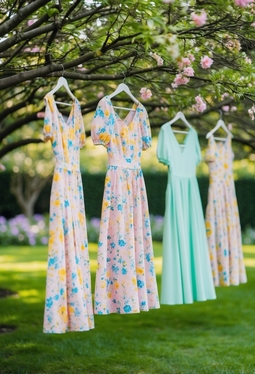 A garden filled with pastel floral midi dresses hanging from tree branches, swaying gently in the breeze