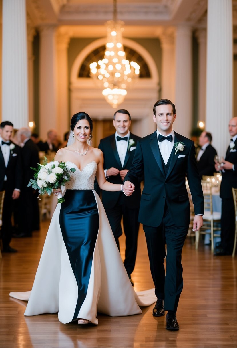 Elegant couples in formal black-tie attire entering a grand ballroom for a wedding reception