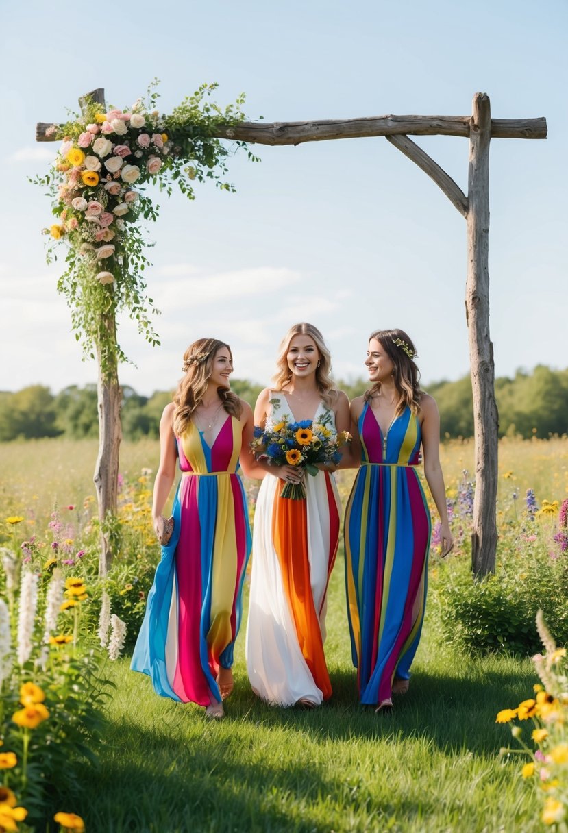 A sunny outdoor wedding with colorful bohemian maxi dresses on a grassy field, surrounded by blooming wildflowers and a rustic wooden arch