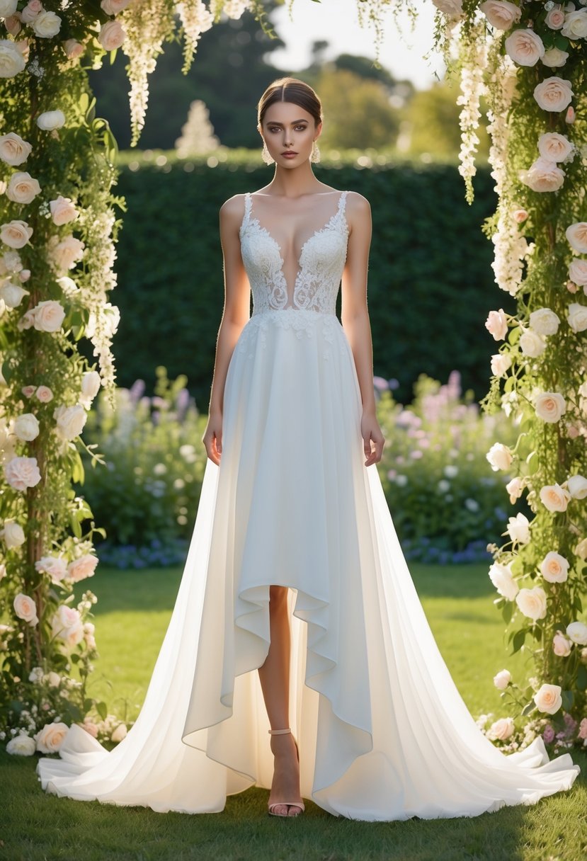 A flowing, high-low hemline wedding dress in a garden setting, with cascading flowers and soft, romantic lighting