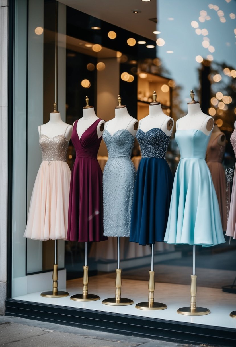 A group of elegant cocktail dresses displayed on mannequins in a stylish boutique window