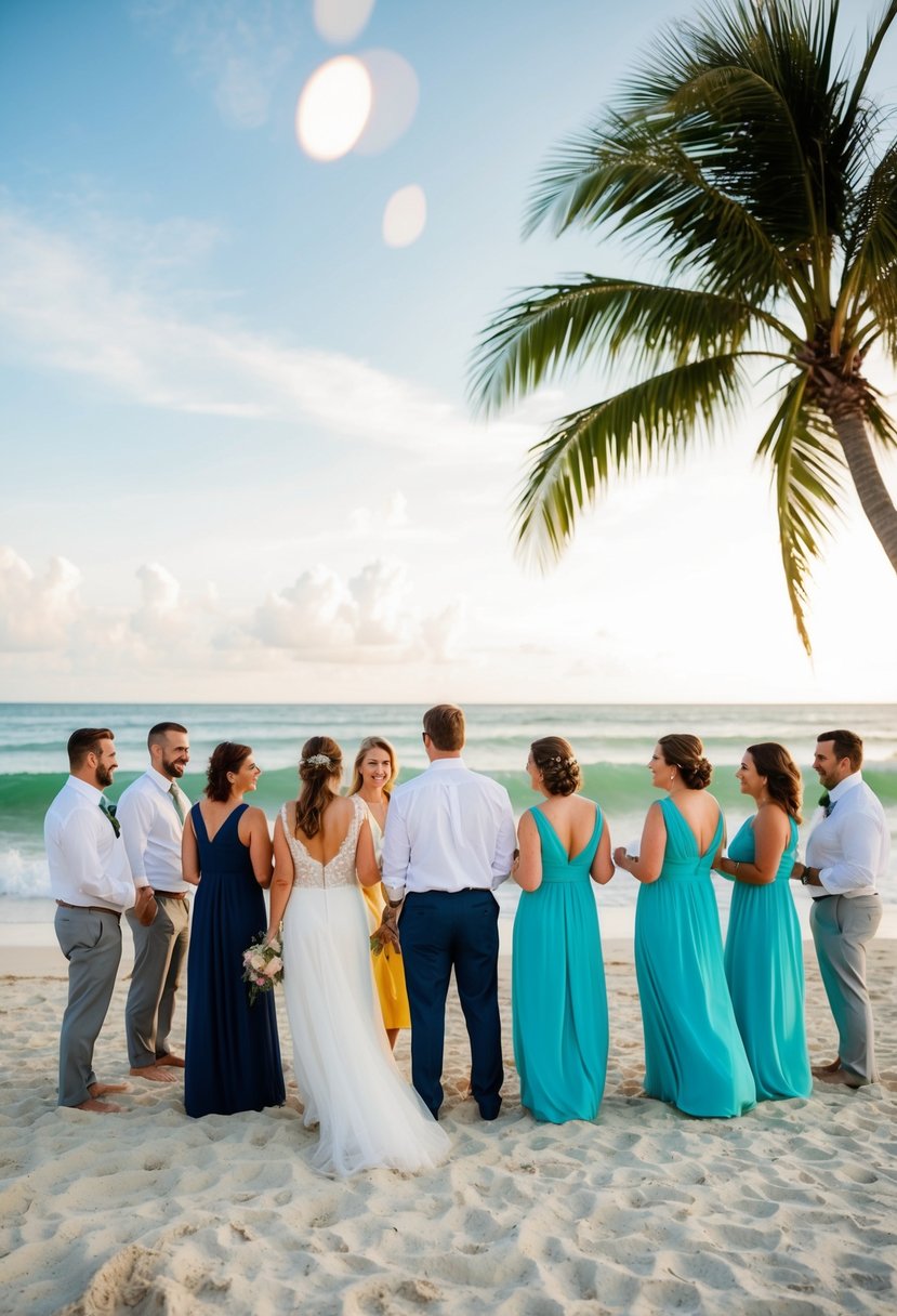 A group of wedding guests in casual beach attire gather on the sandy shore, with the ocean waves and a palm tree in the background