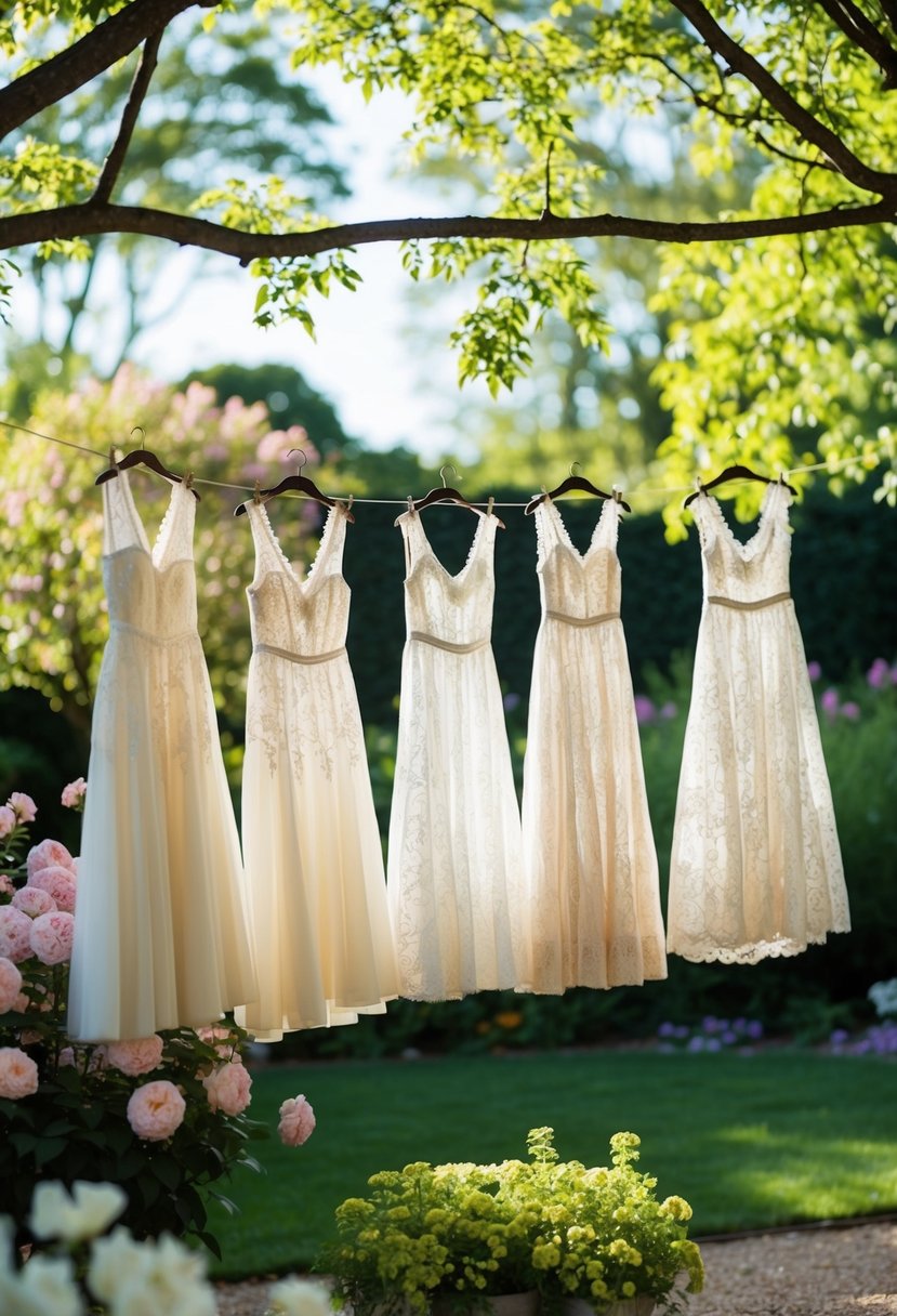 A serene garden setting with elegant lace dresses hanging from a vintage clothesline, surrounded by blooming flowers and dappled sunlight