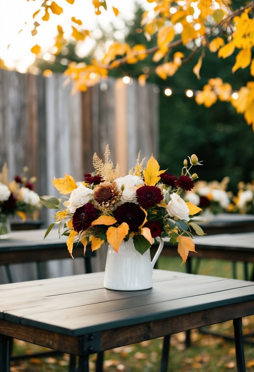 A cozy outdoor wedding with golden leaves, burgundy flowers, and a rustic wooden backdrop