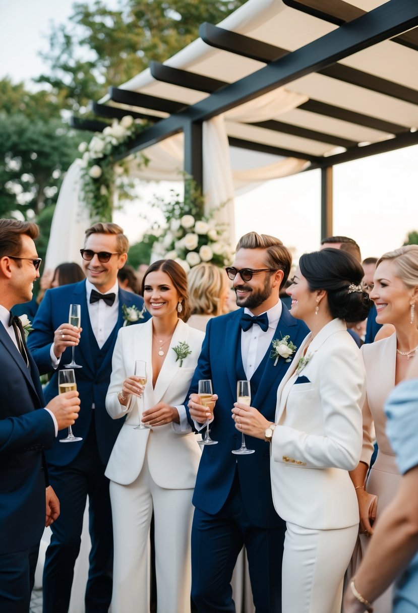 A group of elegant jumpsuit-clad wedding guests mingling at a stylish outdoor reception, sipping champagne and admiring the decor