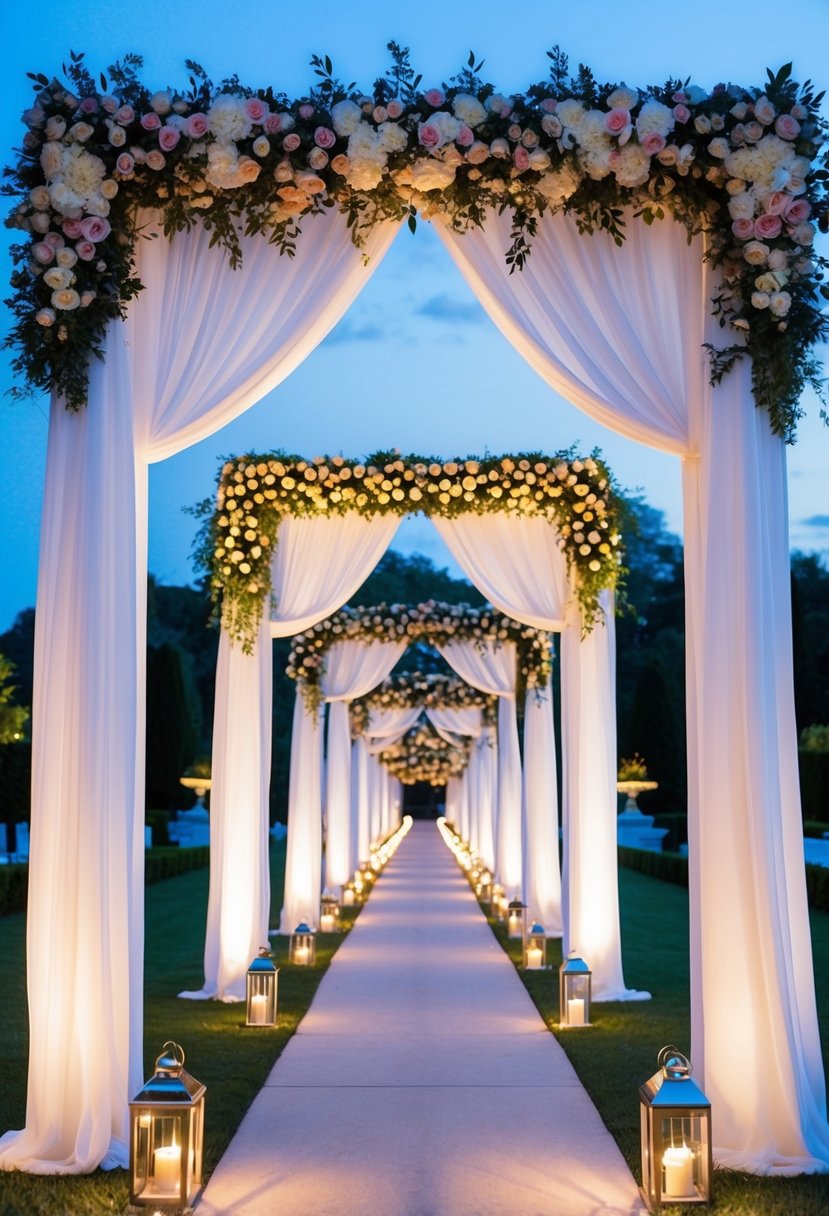 A grand archway adorned with flowers and draped fabric, leading to a path lined with twinkling lights and lanterns