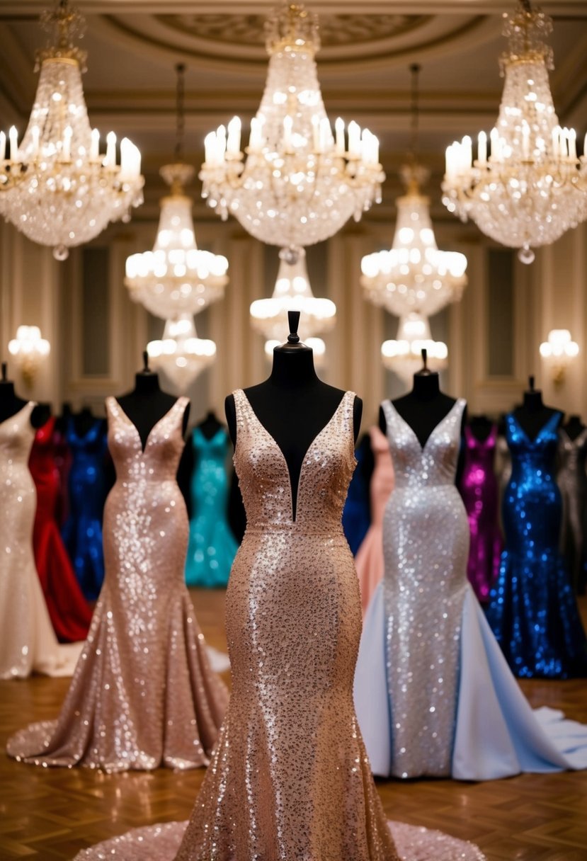 A grand ballroom filled with elegant, sparkling sequin gowns in various colors, with chandeliers casting a soft glow over the opulent setting