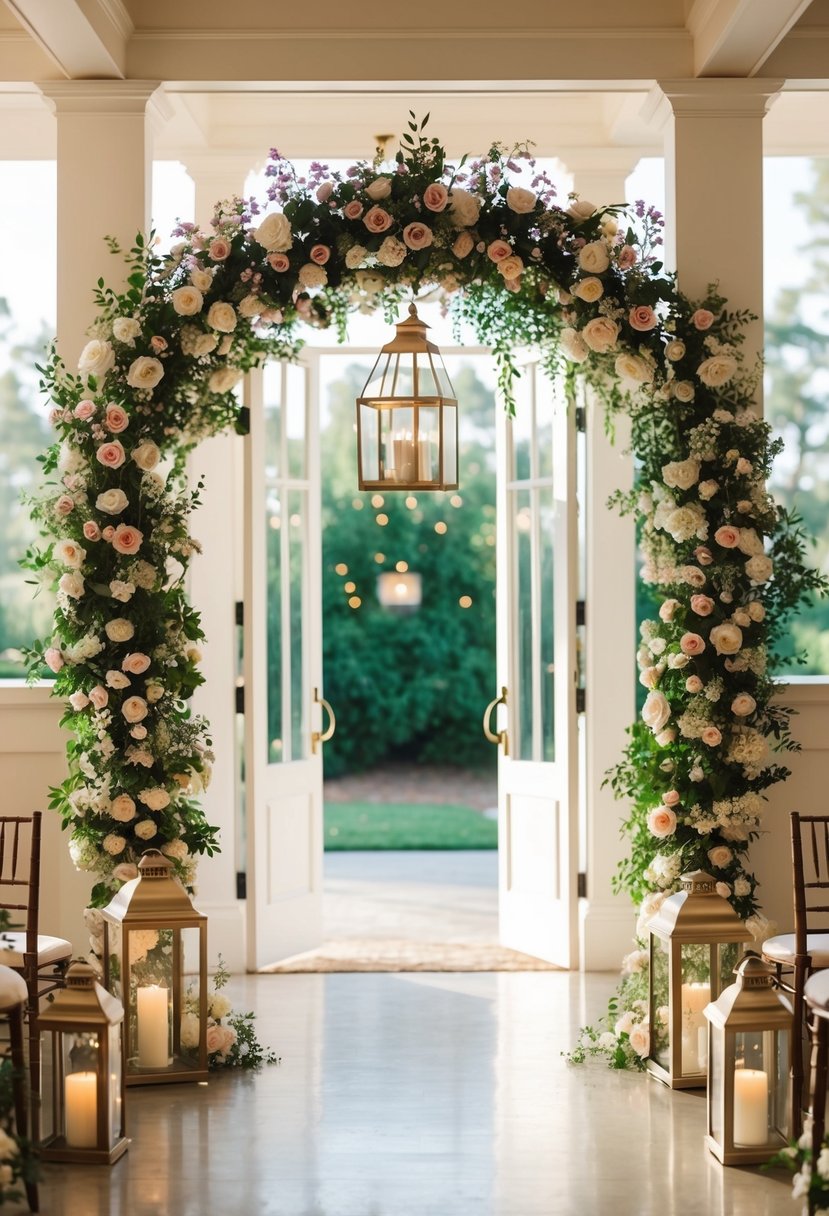 A floral arch adorned with lanterns frames the entrance, creating a romantic and elegant wedding decor