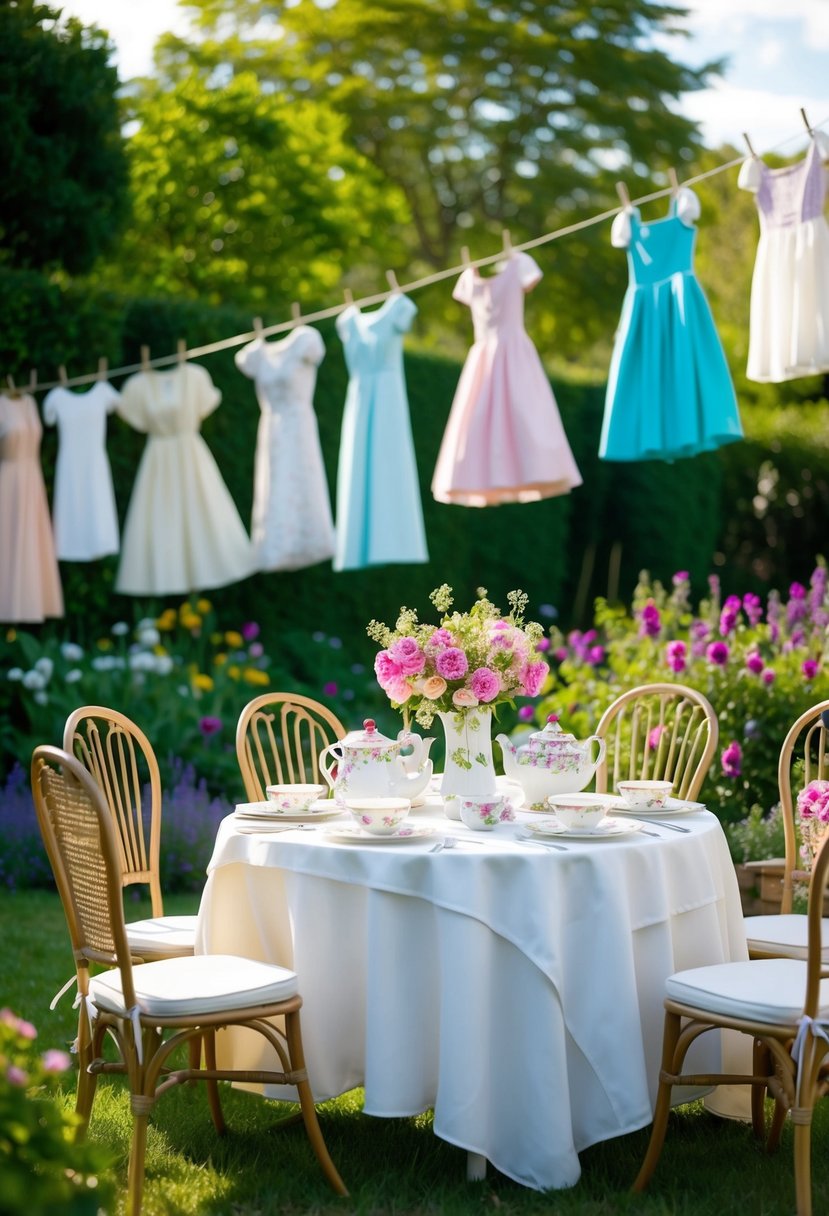 A garden party with a table set for tea, surrounded by blooming flowers and vintage-inspired tea dresses hung on a clothesline