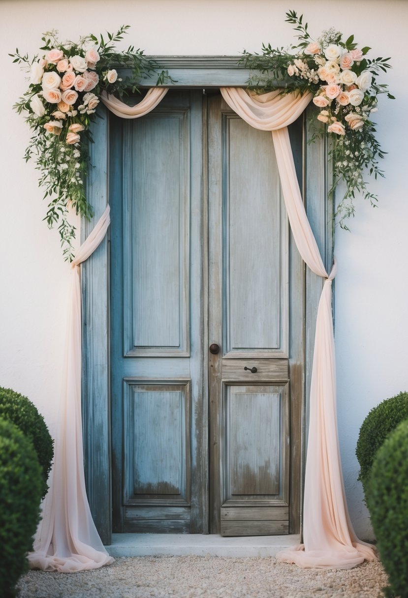 A weathered wooden door frame adorned with flowers and draped fabric, serving as a romantic entrance to a vintage-themed wedding