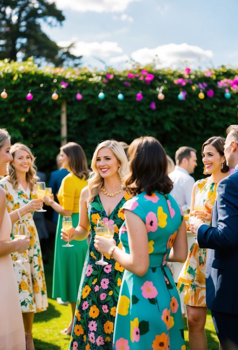 A garden party with colorful floral patterns on dresses, a sunny sky, and guests mingling with drinks in hand