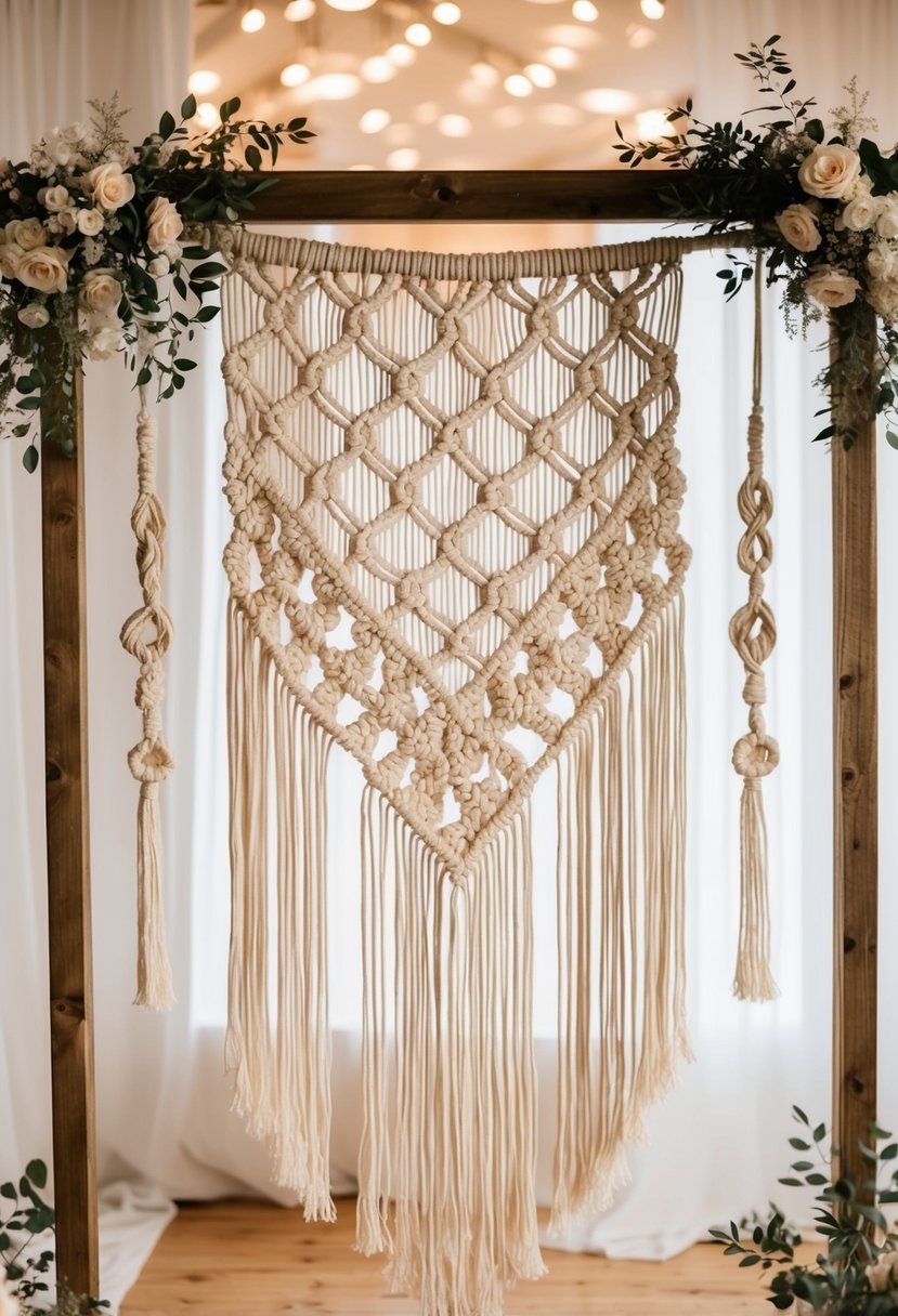 A boho macrame backdrop hangs above a wedding entrance, adorned with delicate knots and intricate patterns, creating a romantic and whimsical atmosphere