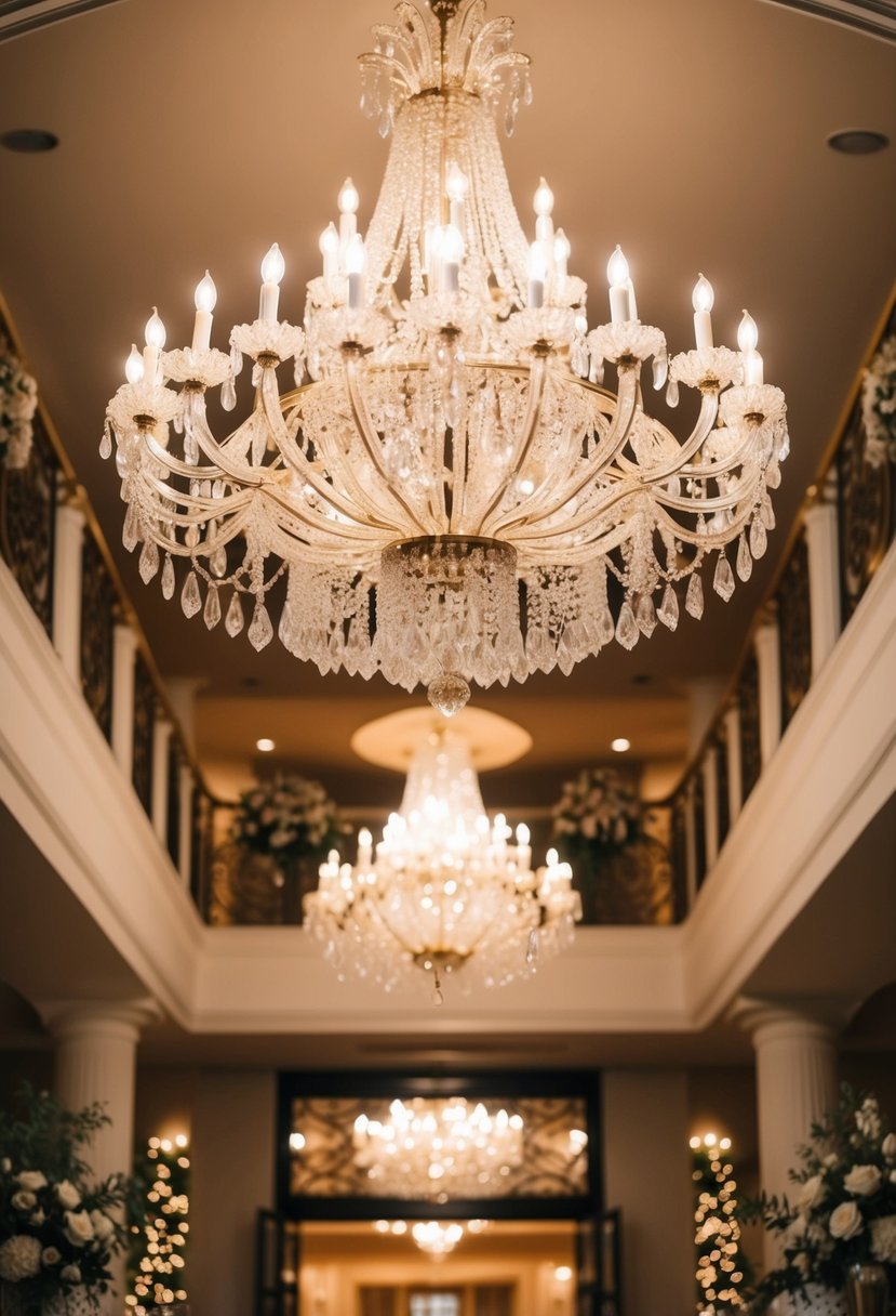 An elegant chandelier hangs above a grand entrance, casting a warm glow over the lavish wedding decor