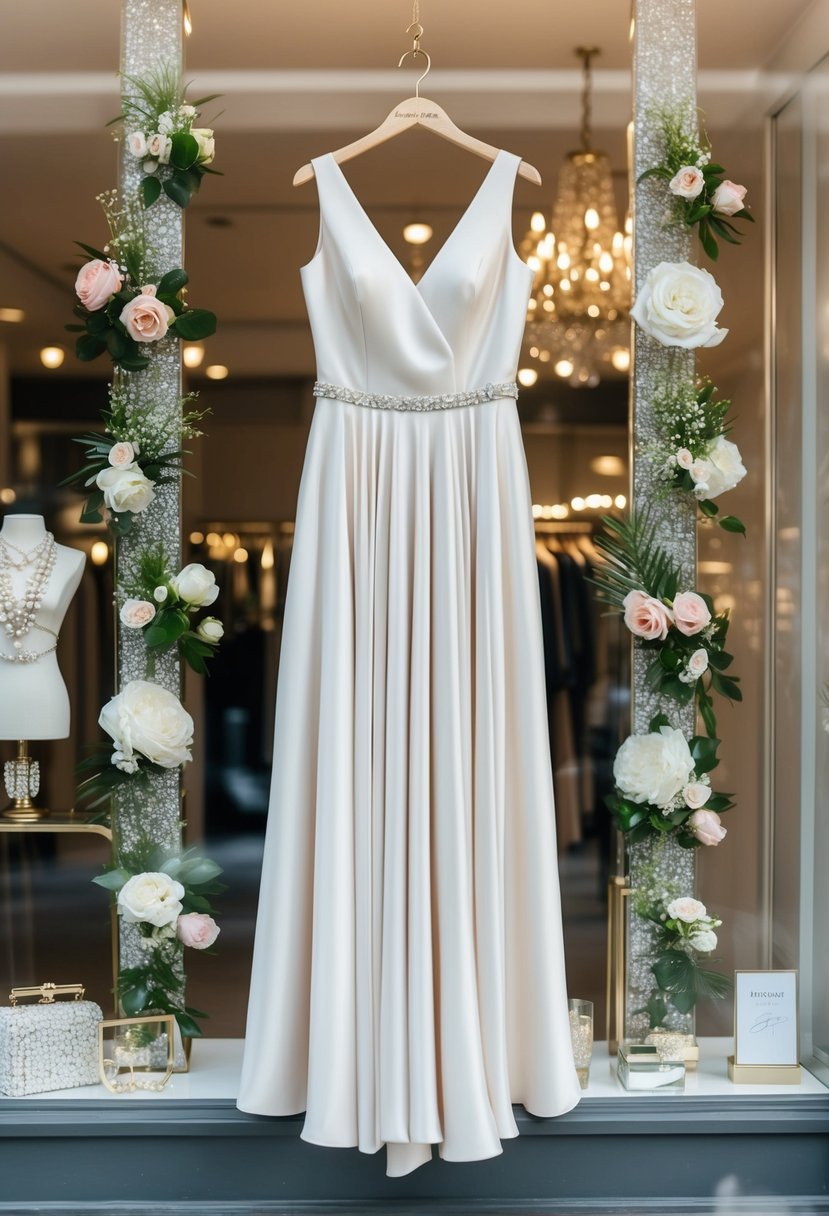 An elegant LBD hanging in a sunlit boutique window, surrounded by sparkling accessories and floral accents