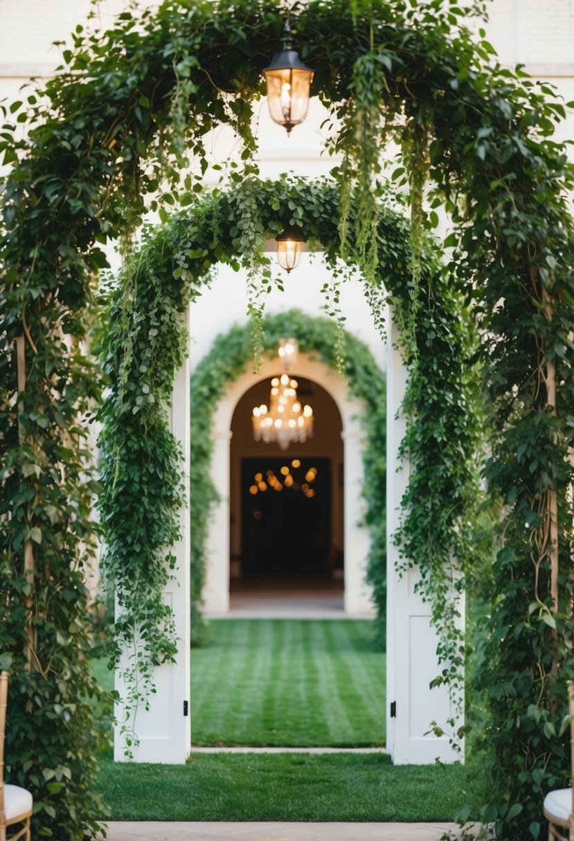 A lush greenery tunnel frames the entrance, with cascading vines and foliage creating a natural and romantic wedding decor