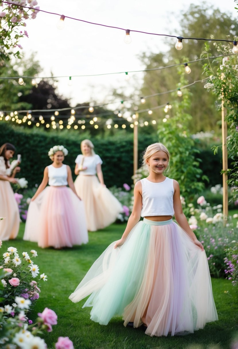 A garden party with pastel tulle skirts, flowing in the breeze, surrounded by blooming flowers and twinkling fairy lights